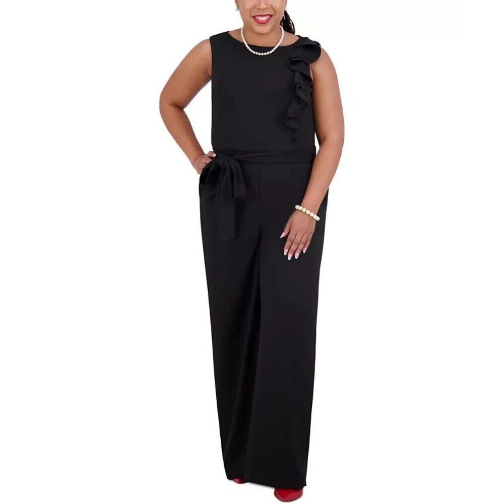 Kasper Women's Plus Size Ruffle-Shoulder Sleeveless Wide Legs Jumpsuit Black 2X